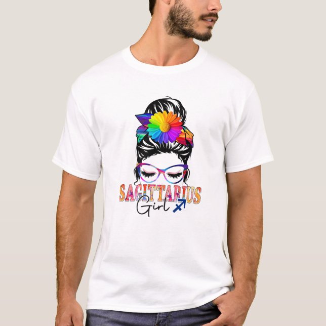 Sagittarius Girl Birthday Messy Bun Hair Colourful T-Shirt (Front)