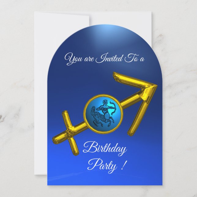 SAGITTARIUS Gold Aqua Blue Zodiac Birthday Party Invitation (Front)