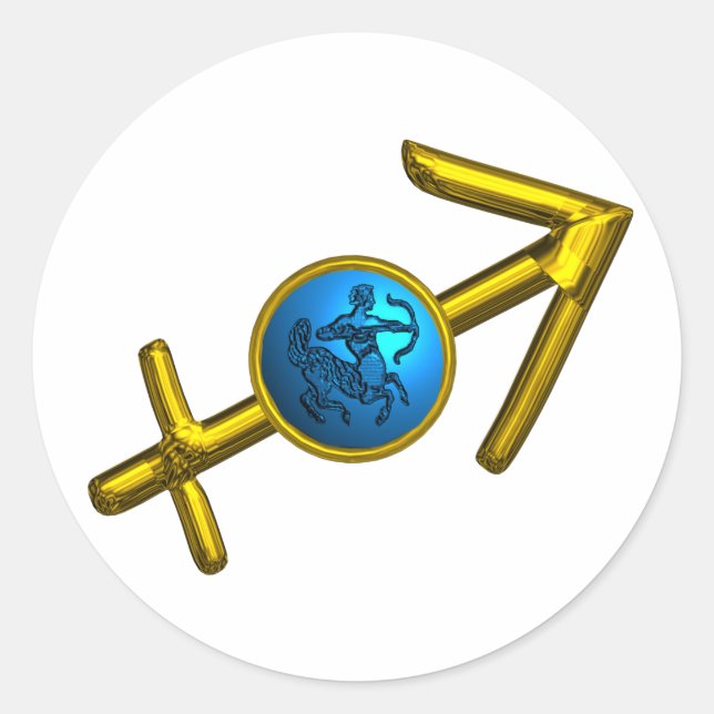 SAGITTARIUS,GOLD BLUE ZODIAC BIRTHDAY SIGN CLASSIC ROUND STICKER (Front)