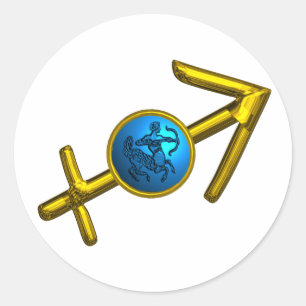 SAGITTARIUS,GOLD BLUE ZODIAC BIRTHDAY SIGN CLASSIC ROUND STICKER