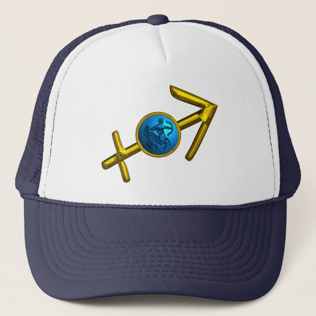 SAGITTARIUS,GOLD BLUE ZODIAC BIRTHDAY SIGN TRUCKER HAT (Front)