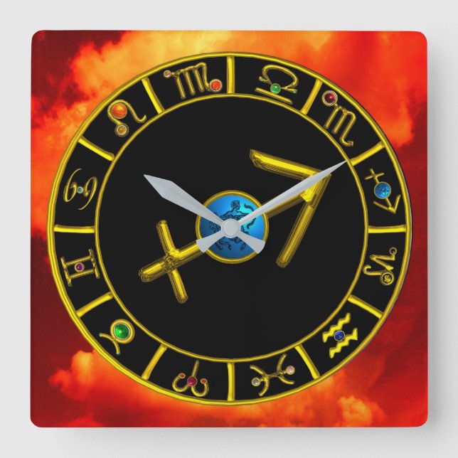 SAGITTARIUS Gold Blue Zodiac Jewel Astrology Chart Square Wall Clock (Front)