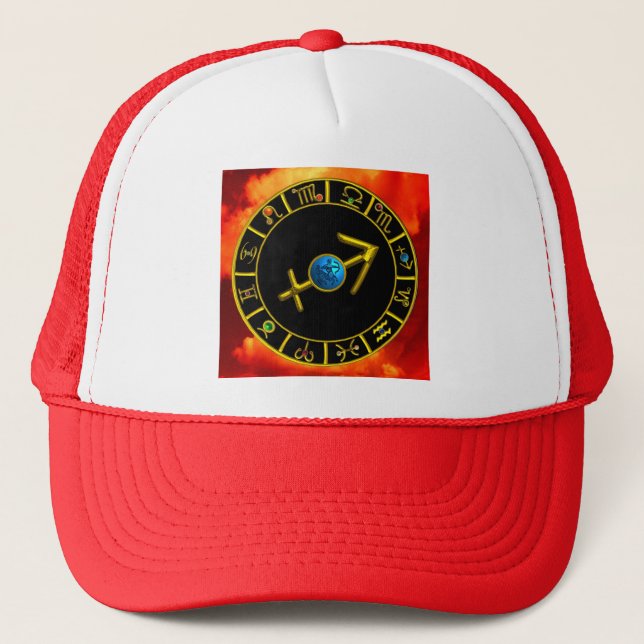 SAGITTARIUS Gold Blue Zodiac Jewel Astrology Chart Trucker Hat (Front)
