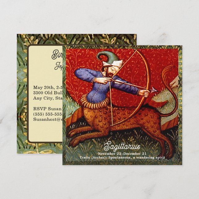 Sagittarius Horoscope Zodiac Mediaeval Art Birthda Invitation (Front/Back)