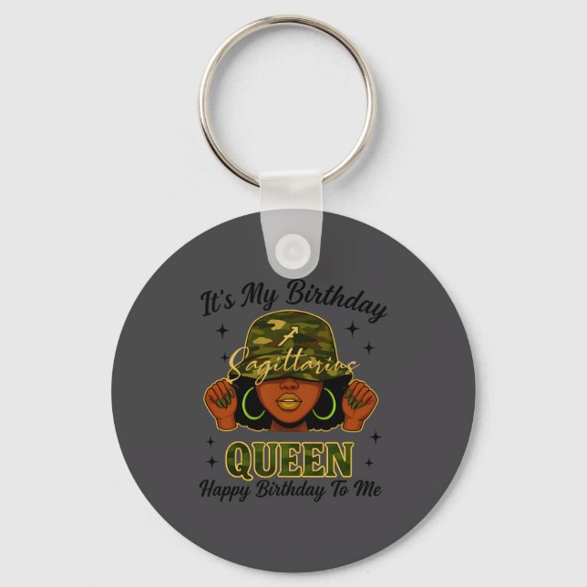 Sagittarius Queen Black Woman With Cap Camo It's M Key Ring (Front)