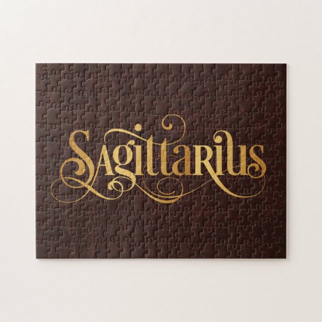 Sagittarius Swirly Script Gold on Leather Jigsaw Puzzle (Horizontal)