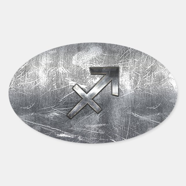 Sagittarius Symbol Grunge Distressed Steel Style Oval Sticker (Front)