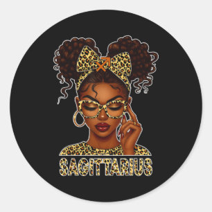 Sagittarius Woman Black Girl Leopard Bow Zodiac Bi Classic Round Sticker