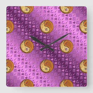 Sagittarius & Wood Rooster Square Wall Clock