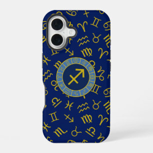 Sagittarius Zodiac+Astrology Symbols Ptn Gld+Blues iPhone 16 Case