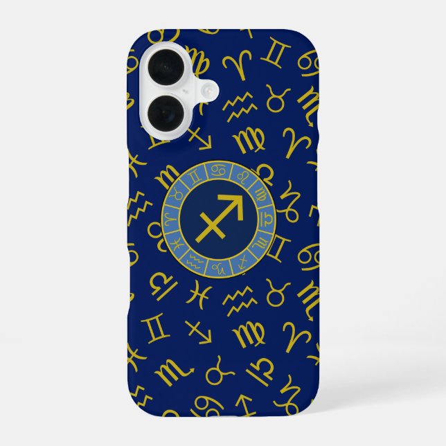 Sagittarius Zodiac+Astrology Symbols Ptn Gld+Blues iPhone 16 Case (Back)