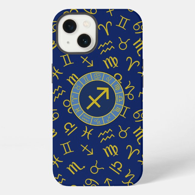 Sagittarius Zodiac+Astrology Symbols Ptn Gld+Blues iPhone Case (Back)