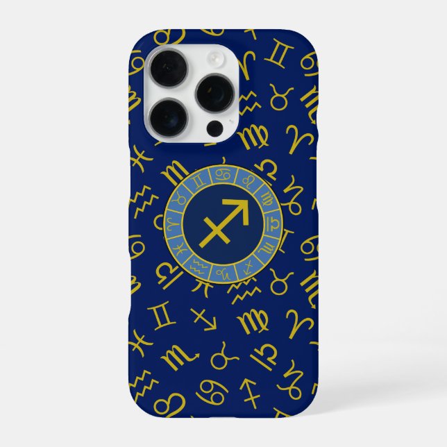 Sagittarius Zodiac+Astrology Symbols Ptn Gld+Blues iPhone Case (Back)