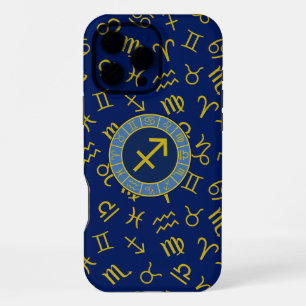 Sagittarius Zodiac+Astrology Symbols Ptn Gld+Blues iPhone 16 Pro Max Case