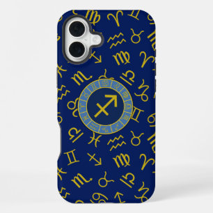 Sagittarius Zodiac+Astrology Symbols Ptn Gld+Blues iPhone 16 Plus Case