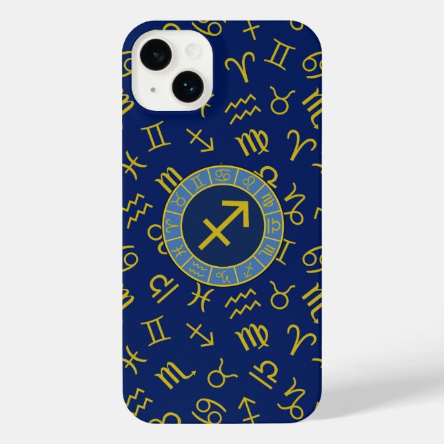 Sagittarius Zodiac+Astrology Symbols Ptn Gld+Blues iPhone Case (Back)