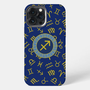 Sagittarius Zodiac+Astrology Symbols Ptn Gld+Blues iPhone 13 Pro Max Case