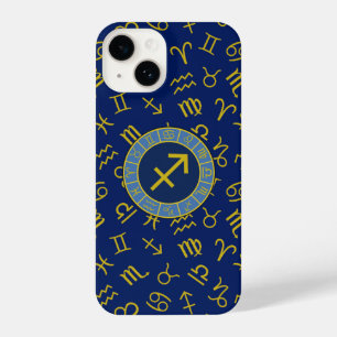 Sagittarius Zodiac+Astrology Symbols Ptn Gld+Blues iPhone 14 Case