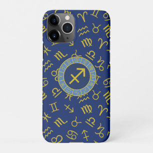 Sagittarius Zodiac+Astrology Symbols Ptn Gld+Blues iPhone 11Pro Case