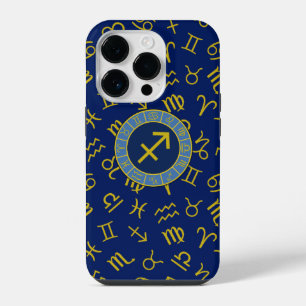 Sagittarius Zodiac+Astrology Symbols Ptn Gld+Blues iPhone 14 Pro Case