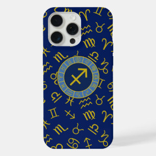 Sagittarius Zodiac+Astrology Symbols Ptn Gld+Blues iPhone 15 Pro Max Case
