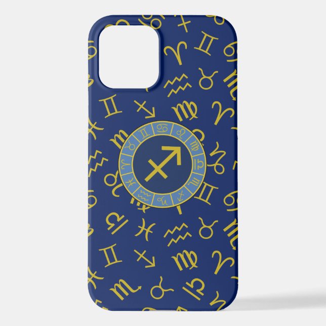Sagittarius Zodiac+Astrology Symbols Ptn Gld+Blues iPhone Case (Back)