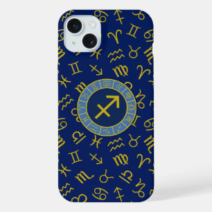 Sagittarius Zodiac+Astrology Symbols Ptn Gld+Blues iPhone 15 Plus Case