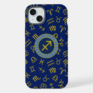Sagittarius Zodiac+Astrology Symbols Ptn Gld+Blues iPhone 15 Plus Case