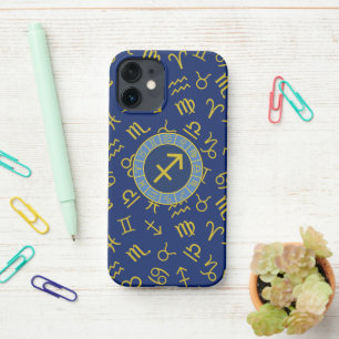 Sagittarius Zodiac+Astrology Symbols Ptn Gld+Blues iPhone 12 Mini Case