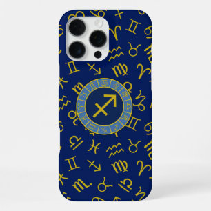 Sagittarius Zodiac+Astrology Symbols Ptn Gld+Blues iPhone 16 Pro Max Case
