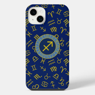 Sagittarius Zodiac+Astrology Symbols Ptn Gld+Blues iPhone 14 Plus Case
