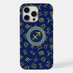 Sagittarius Zodiac+Astrology Symbols Ptn Gld+Blues iPhone 15 Pro Max Case