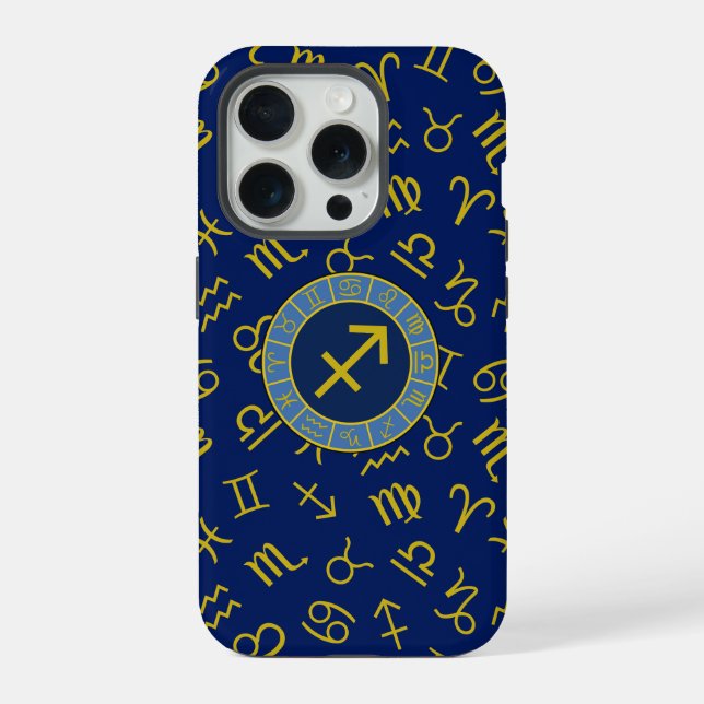 Sagittarius Zodiac+Astrology Symbols Ptn Gld+Blues iPhone Case (Back)