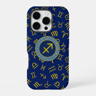 Sagittarius Zodiac+Astrology Symbols Ptn Gld+Blues iPhone 16 Pro Case