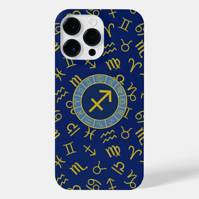 Sagittarius Zodiac+Astrology Symbols Ptn Gld+Blues iPhone Case (Back)