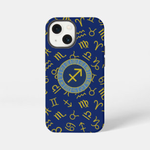 Sagittarius Zodiac+Astrology Symbols Ptn Gld+Blues iPhone 13 Mini Case