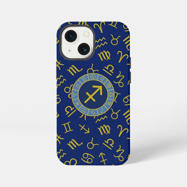 Sagittarius Zodiac+Astrology Symbols Ptn Gld+Blues iPhone Case (Back)