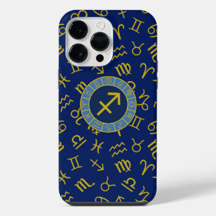 Sagittarius Zodiac+Astrology Symbols Ptn Gld+Blues iPhone 14 Pro Max Case