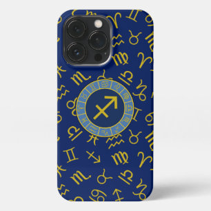 Sagittarius Zodiac+Astrology Symbols Ptn Gld+Blues iPhone 13 Pro Case