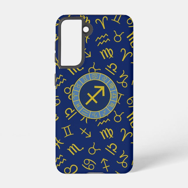 Sagittarius Zodiac+Astrology Symbols Ptn Gld+Blues Samsung Galaxy S21 Case (Back)