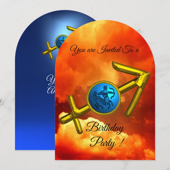SAGITTARIUS Zodiac Birthday Gold Blue,Fire Clouds Invitation (Front/Back)