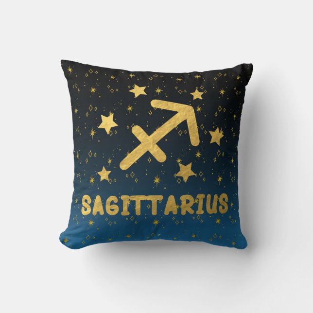 Sagittarius Zodiac Blue and Gold Throw Pillow (Front)