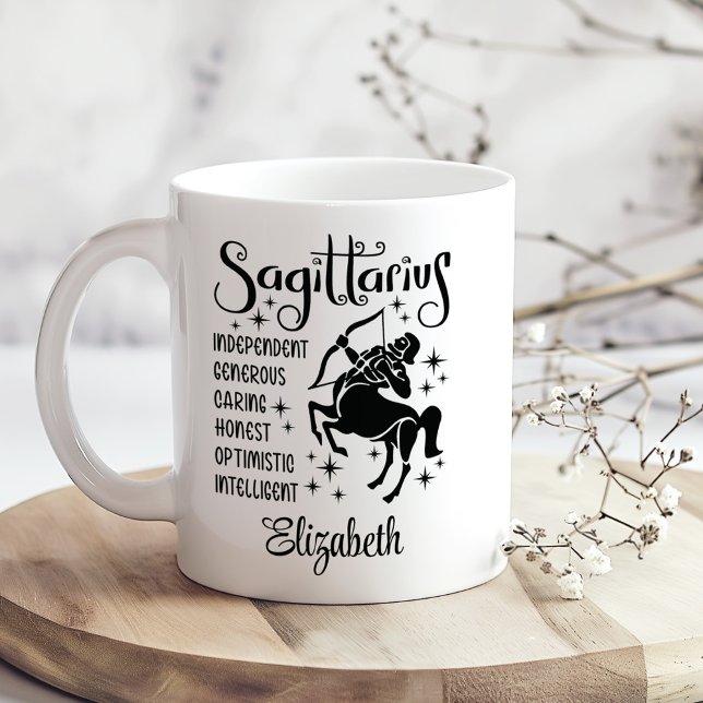 Sagittarius Zodiac Horoscope Custom Name  Coffee Mug (Sagittarius Zodiac Horoscope Custom Name Coffee Mug on a sunny boho wooden kitchen table.)