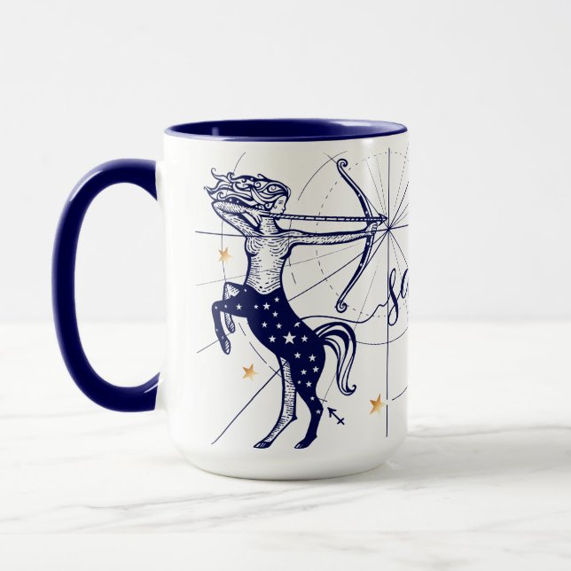 Sagittarius Zodiac Navy Blue & Gold Birth Mug (Left)