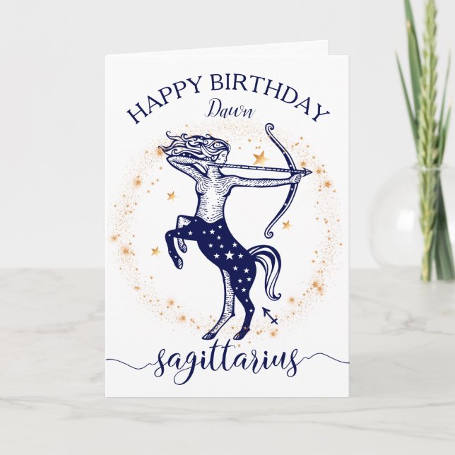 Sagittarius Zodiac Navy Gold Monochrome Birthday Card (Front)