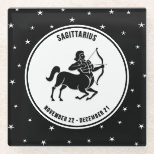 Sagittarius Zodiac Sign, Black&White Glass Coaster
