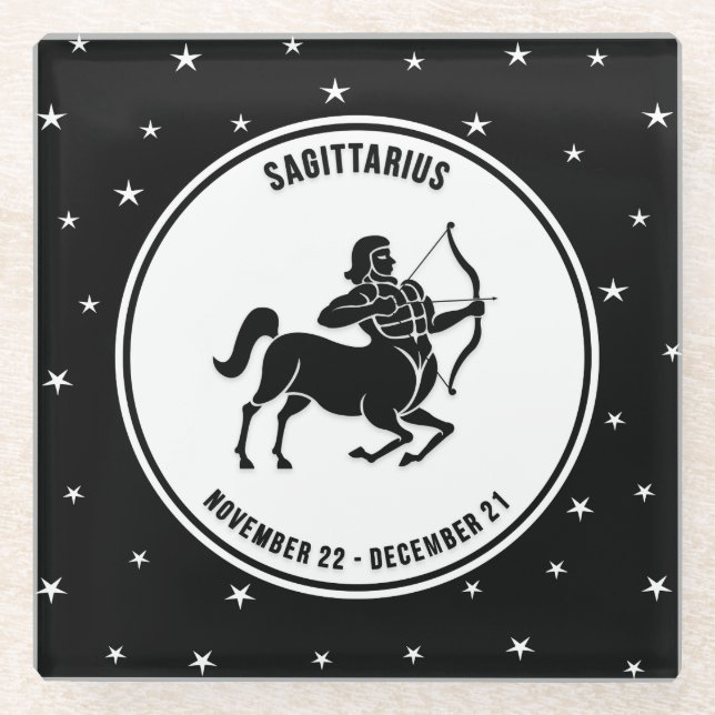 Sagittarius Zodiac Sign, Black&White Glass Coaster (Front)