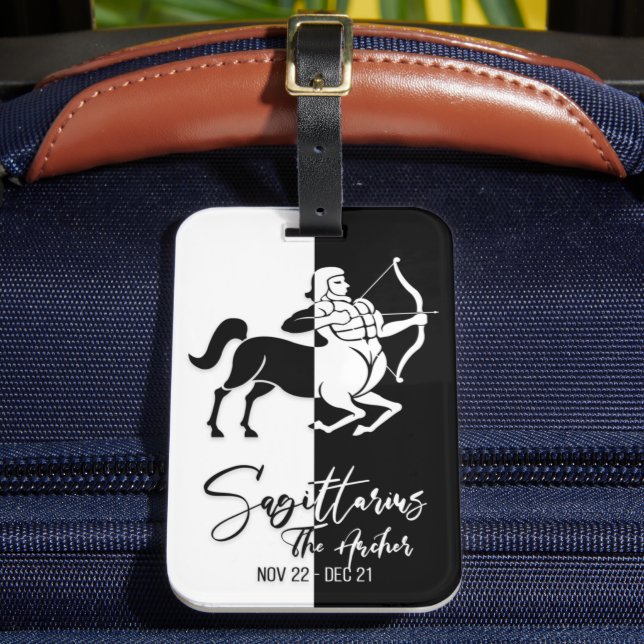Sagittarius Zodiac Sign Black & White Luggage Tag (Front Insitu 2)