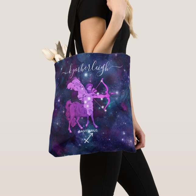 Sagittarius Zodiac Sign Cosmic Monogram Name Blue Tote Bag (Close Up)