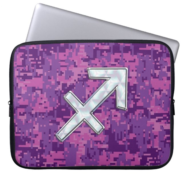 Sagittarius Zodiac Sign on Fuchsia Digital Camo Laptop Sleeve (Front)